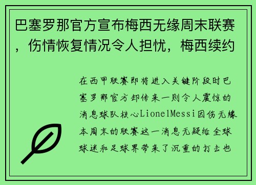 巴塞罗那官方宣布梅西无缘周末联赛，伤情恢复情况令人担忧，梅西续约巴塞罗那2022封王之战