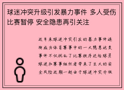 球迷冲突升级引发暴力事件 多人受伤比赛暂停 安全隐患再引关注